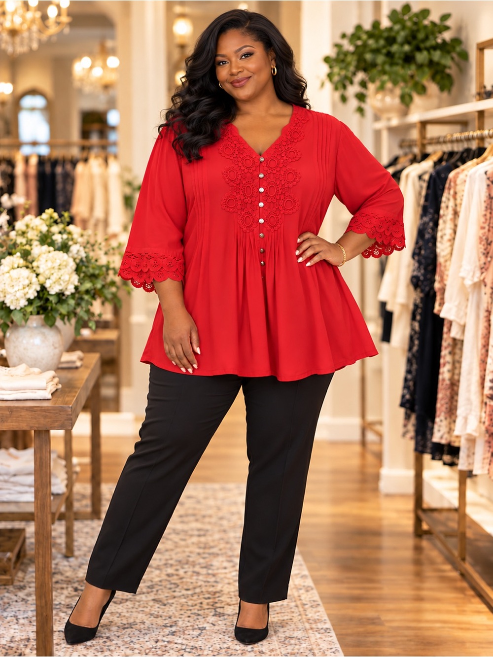 ROAMAN’S Red Floral Crochet-Trim V-Neck Tunic Top Plus Size 20W